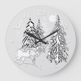 Reloj Redondo Grande Ciervos, invierno, bosque, árboles de navidad,