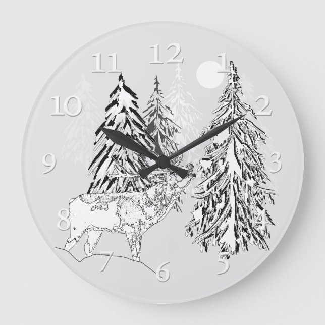 Reloj Redondo Grande Ciervos, invierno, bosque, árboles de navidad, (Anverso)