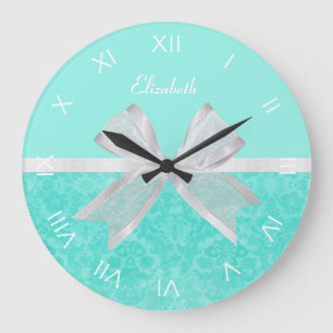 Reloj Redondo Grande Cinta blanca Girly Aqua Turquoise Damask Con Nombr