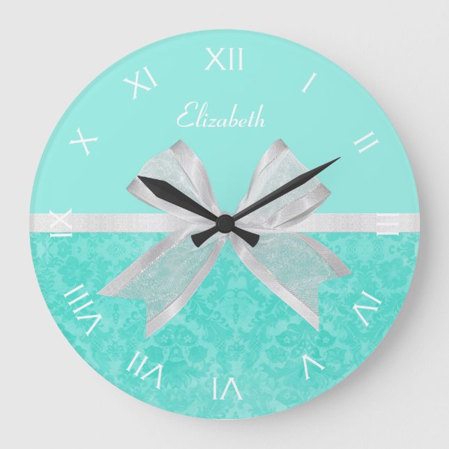 Reloj Redondo Grande Cinta blanca Girly Aqua Turquoise Damask Con Nombr (Anverso)