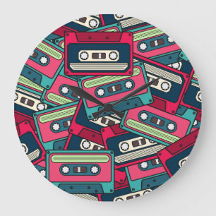 Reloj Redondo Grande Cinta Cassette: Colorido Patrón Irregular.