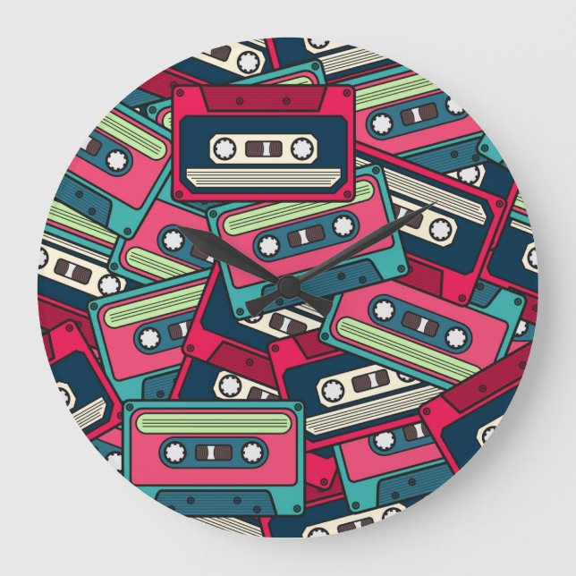 Reloj Redondo Grande Cinta Cassette: Colorido Patrón Irregular. (Anverso)