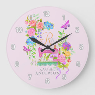 Reloj Redondo Grande Cinta de coser floral monograma rosa