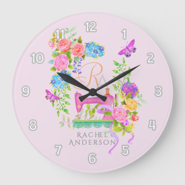 Reloj Redondo Grande Cinta de coser floral monograma rosa (Anverso)
