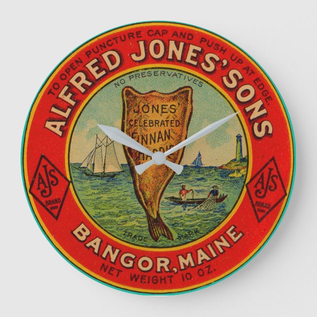 Reloj Redondo Grande circa 1900 Alfred Jones Sons Finnan Haddie label (Anverso)
