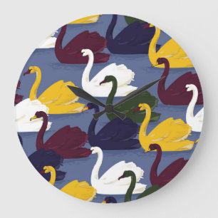 Reloj Redondo Grande cisnes dibujados a mano, patrón de lago azul.