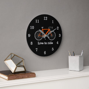 Reloj Redondo Grande Cita Con Bicicleta Naranja En Negro