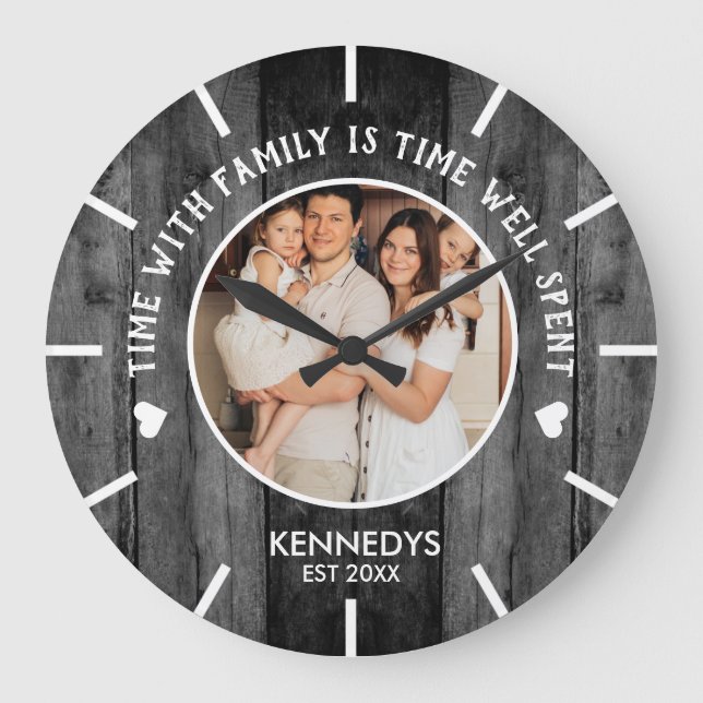Reloj Redondo Grande Cita de tiempo para familia de fotos rustica de ma (Anverso)