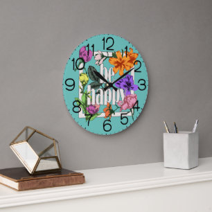 Reloj Redondo Grande Cita positiva Sé feliz y flores de jardín