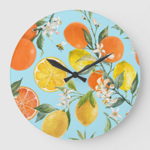 Reloj Redondo Grande Cítricos acuarela Frutas: Dibujado a mano