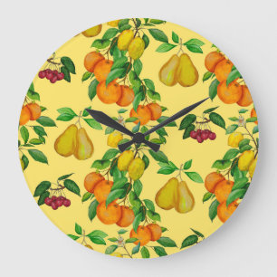 Reloj Redondo Grande Citrus, pera, cereza: acuarela impresa.