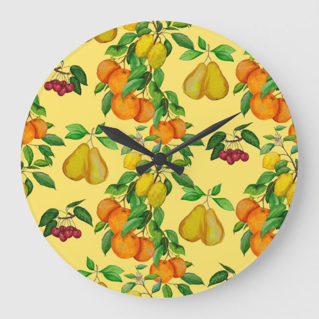 Reloj Redondo Grande Citrus, pera, cereza: acuarela impresa. (Anverso)