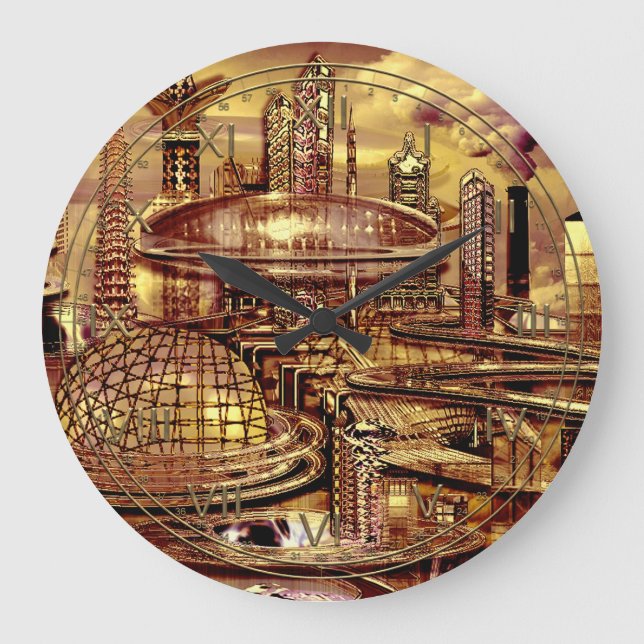 Reloj Redondo Grande Ciudad futurista de KendalBrook (Anverso)