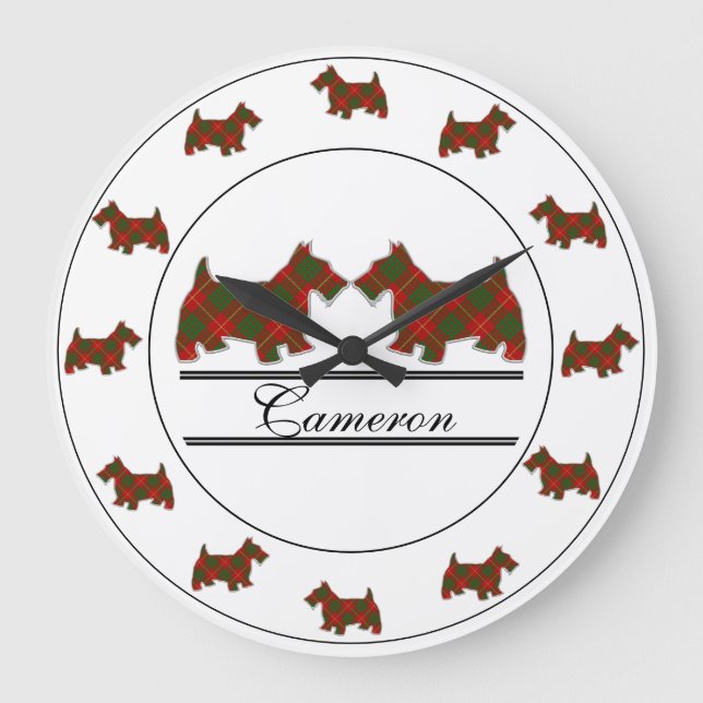 Reloj Redondo Grande Clan escocés Cameron Tartan Plaid Scottie Dogs (Anverso)