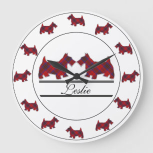Reloj Redondo Grande Clan escocés Leslie Red Tartan Scottie Dogs