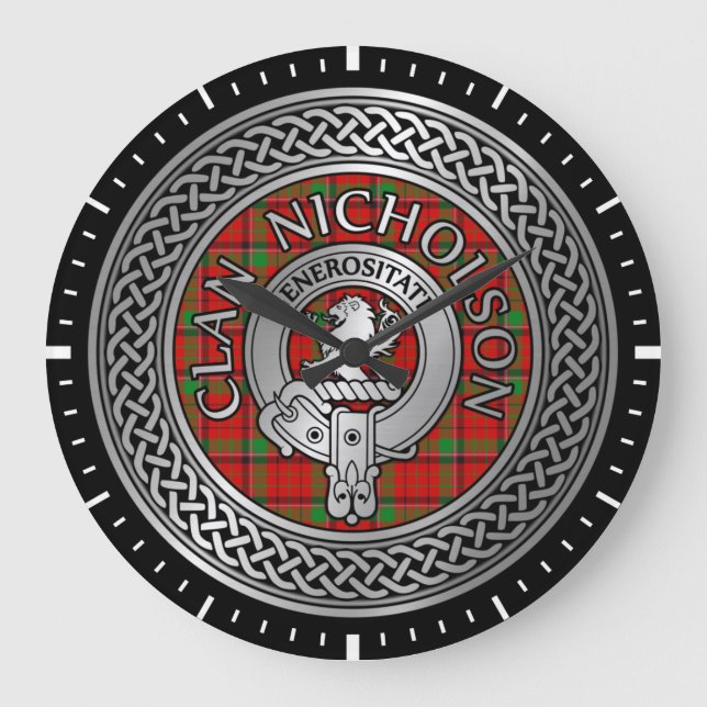 Reloj Redondo Grande Clan Nicholson Escudo y Tartan Knot (Anverso)