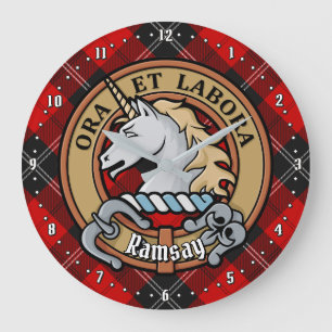 Reloj Redondo Grande Clan Ramsay Escudo sobre Tartán Rojo