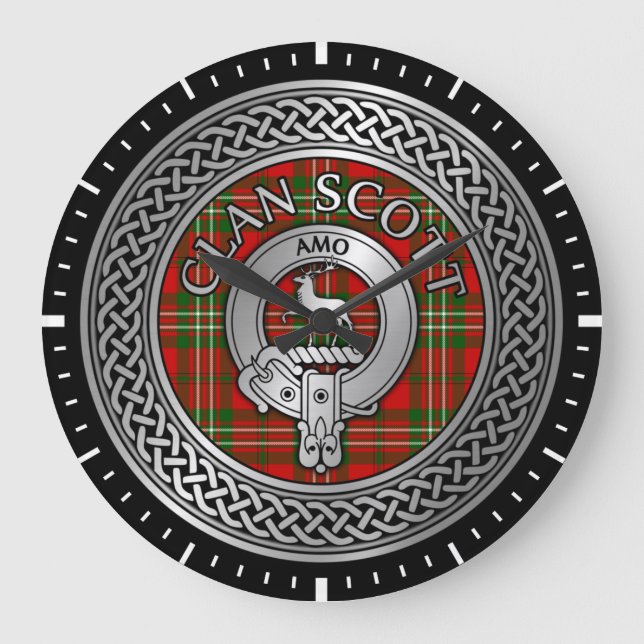 Reloj Redondo Grande Clan Scott Escudo y Tartan Knot (Anverso)