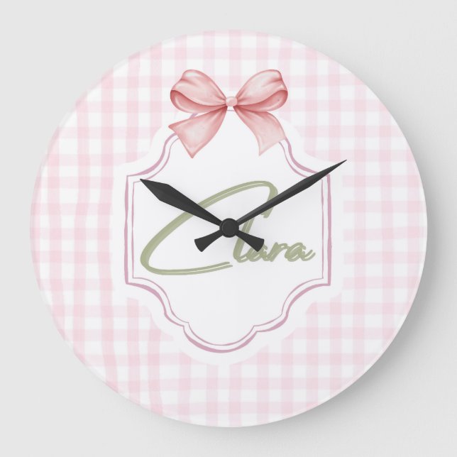 Reloj Redondo Grande Clara Baby Nursery personalizada Bow&Gingham (Anverso)