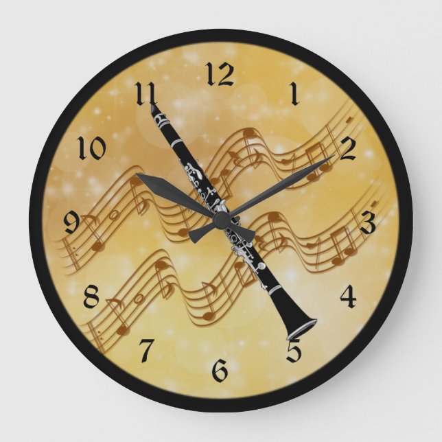 Reloj Redondo Grande Clarinet, momento musical mágico, diseño dorado (Anverso)