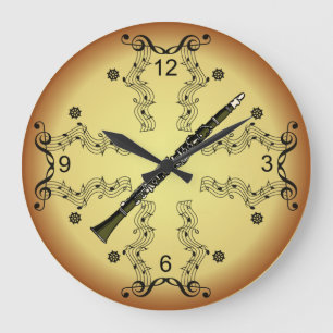 Reloj Redondo Grande Clarinet ~ Musical Scroll ~ Golden Background ~