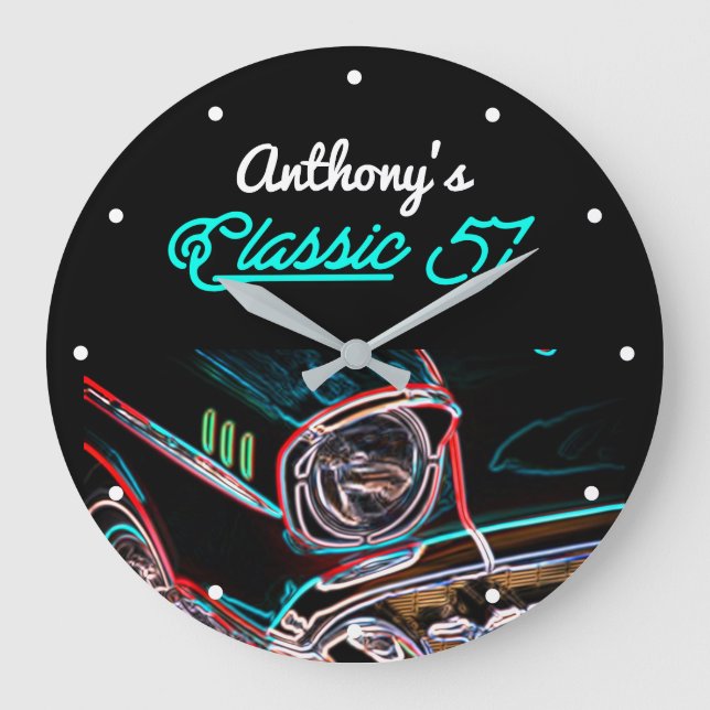 Reloj Redondo Grande Clásico 57 Chevy Neon Efecto Script Retro Negro (Anverso)