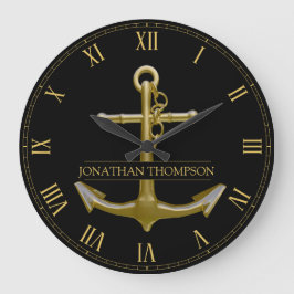 Reloj Redondo Grande Clásico Ancla de Oro Náutico en Negro