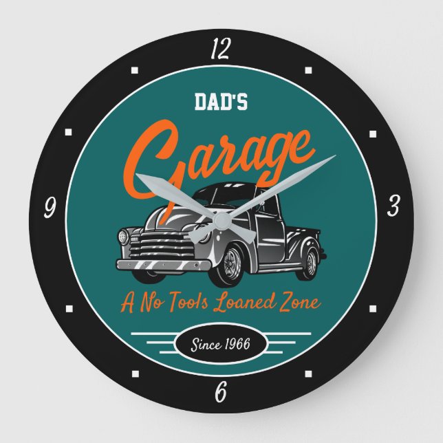 Reloj Redondo Grande Clásico Camión Chevy Garage nombre de papá negro V (Anverso)