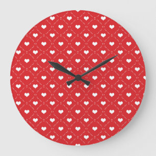 Reloj Redondo Grande Clásico Corazón Geométrico Enrejado Rojo Blanco