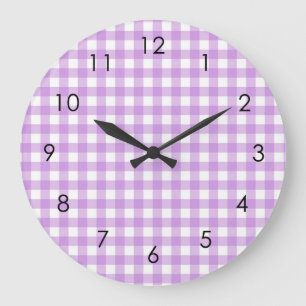 Reloj Redondo Grande Clásico Gingham Plaid Lilac Pastel Estético