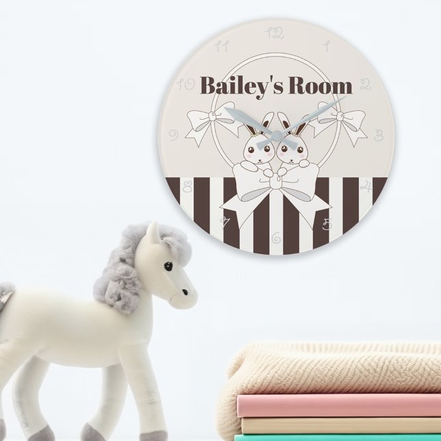 Reloj Redondo Grande Clásico moderno Stripe Cute Twin Bunny Kids (Subido por el creador)
