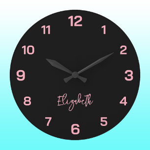 Reloj Redondo Grande Clásico y elegante nombre negro y rosa del bebé