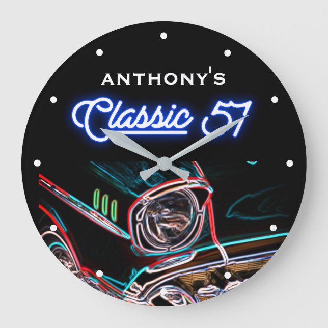 Reloj Redondo Grande Classic 57 1957 Chevy Neon Effect Car Black Retro (Anverso)