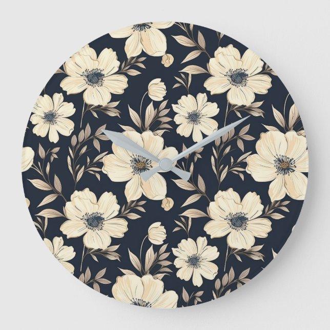 Reloj Redondo Grande Classic Cream Flowers On Dark Navy Blue Background (Anverso)