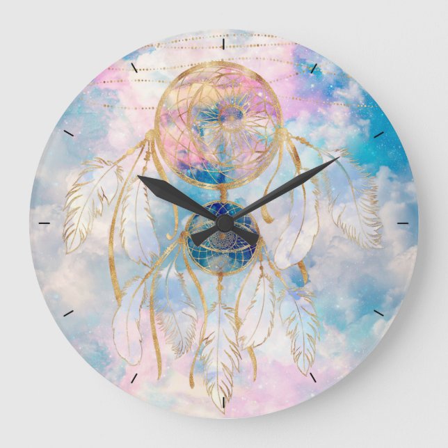 Reloj Redondo Grande Classy Gold dreamcatcher Rainbow Clouds Sky design (Anverso)