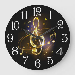Reloj Redondo Grande Clef de sol de música dorada