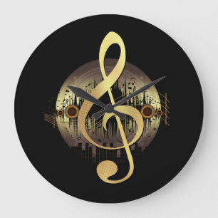 Reloj Redondo Grande Clef de sol dorado Vinilo Música Amante Elegante