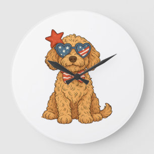 Reloj Redondo Grande Clipart Patriótico de Goldendoodle