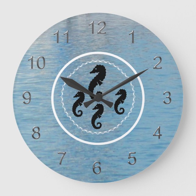 Reloj Redondo Grande Clock - Seahorses, Water and White Rings (Anverso)