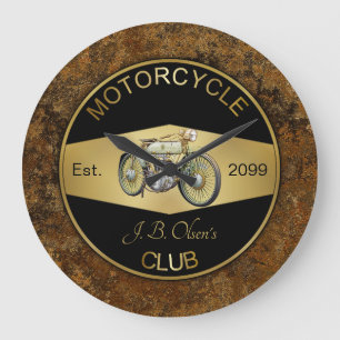 Reloj Redondo Grande Club de Motocicletas Personalizado Negro y Dorado