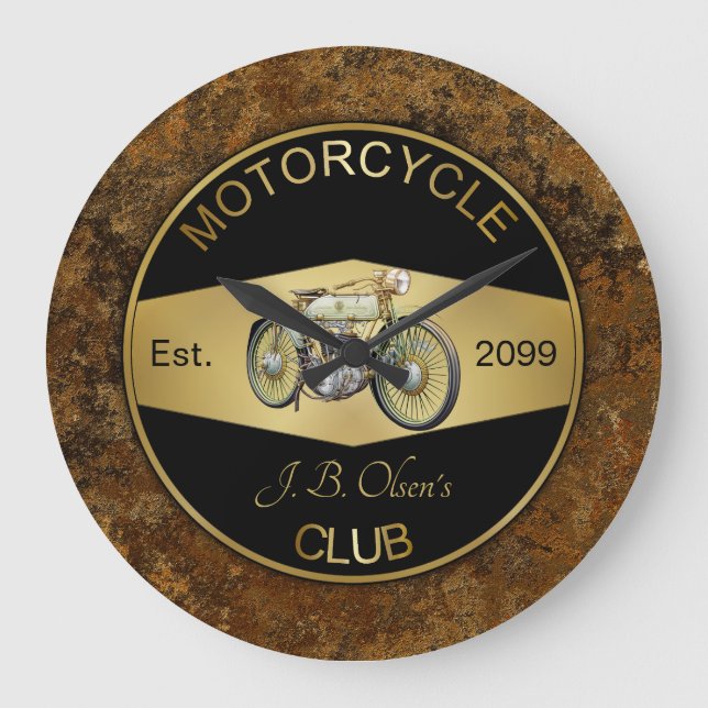 Reloj Redondo Grande Club de motocicletas personalizado negro y oro (Anverso)