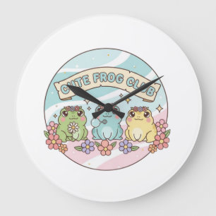 Reloj Redondo Grande Club de Rana Adorable – Ranas Kawaii Pastel Floral