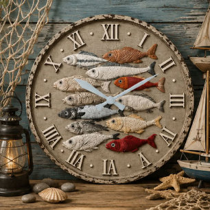 Reloj Redondo Grande Coastal Fish  Nautical Beach House Rustic Fishing 