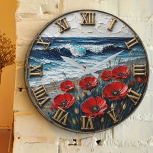 Reloj Redondo Grande Coastal Poppy Beach Ocean Waves Floral Art