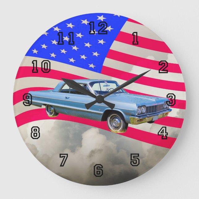 Reloj Redondo Grande Coche 1964 de Chevrolet Impala y bandera americana (Anverso)