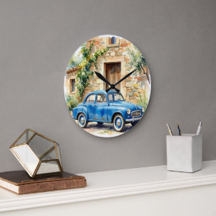 Reloj Redondo Grande Coche Antiguo junto a una Cabaña de Piedra