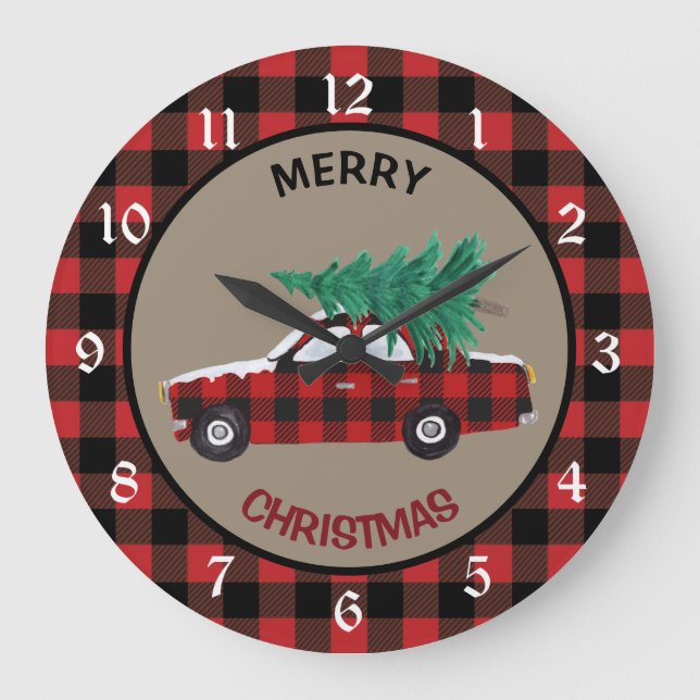 Reloj Redondo Grande Coche de Navidades de Buffalo Plaid (Anverso)