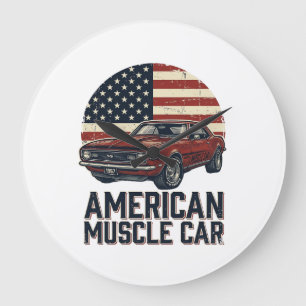 Reloj Redondo Grande Coche muscular americano diseño de camiseta con ba
