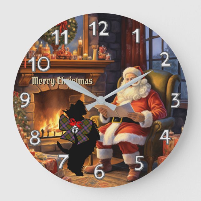 Reloj Redondo Grande Cochrane Scottie Dog & Santa Personalized Xmas (Anverso)