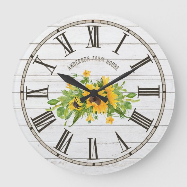 Reloj Redondo Grande Cocina de girasoles de madera gris blanca en un gr (Anverso)